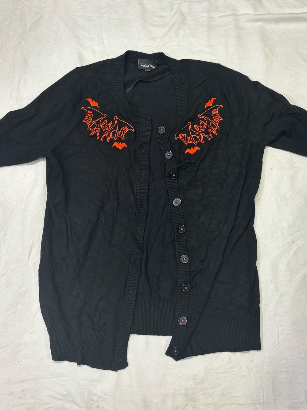 Retro Chic Black Cardigan with Orange Bat Embroidery